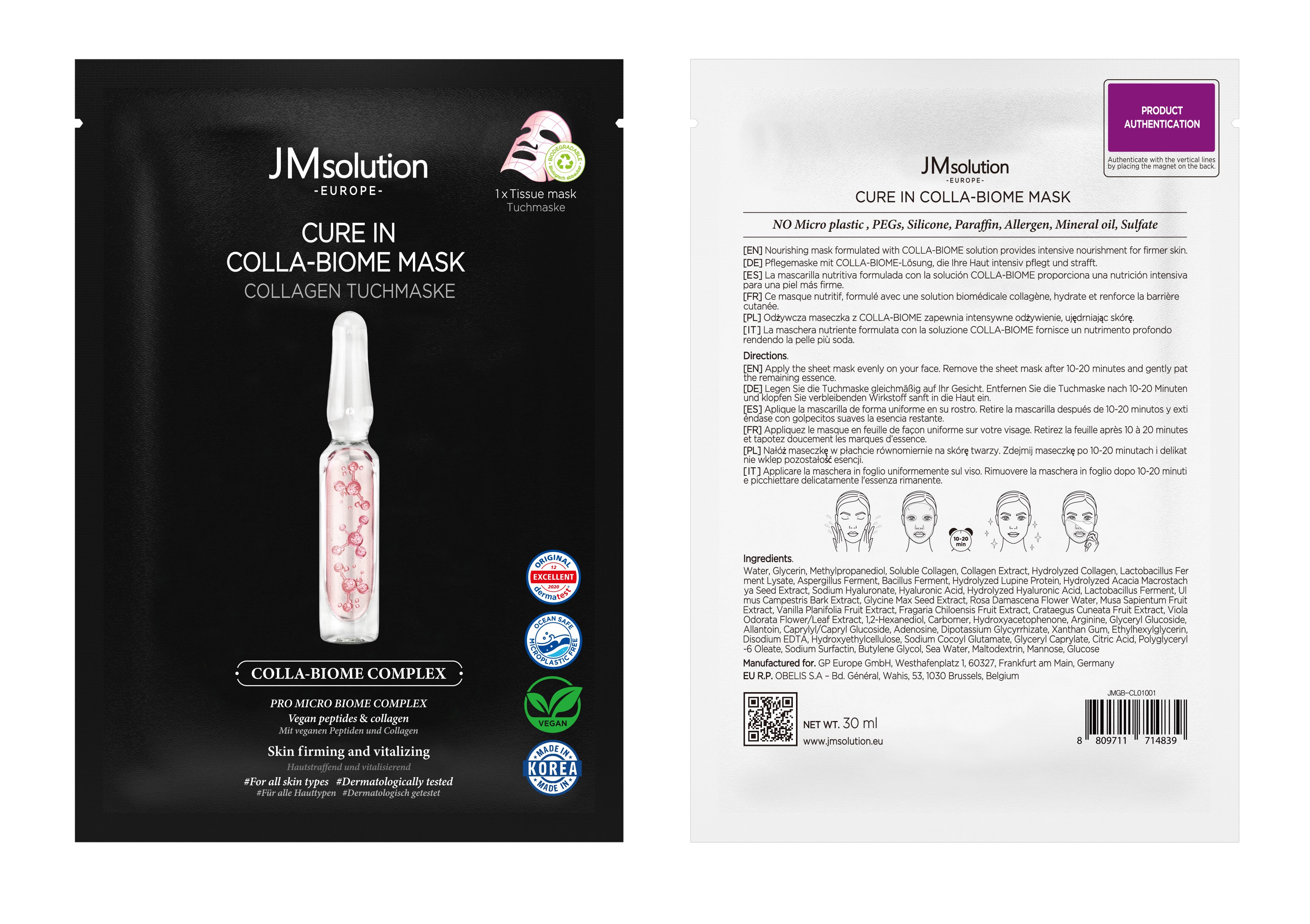 JMSOLUTION Europe CURE IN COLLA-BIOME MASK 10EA